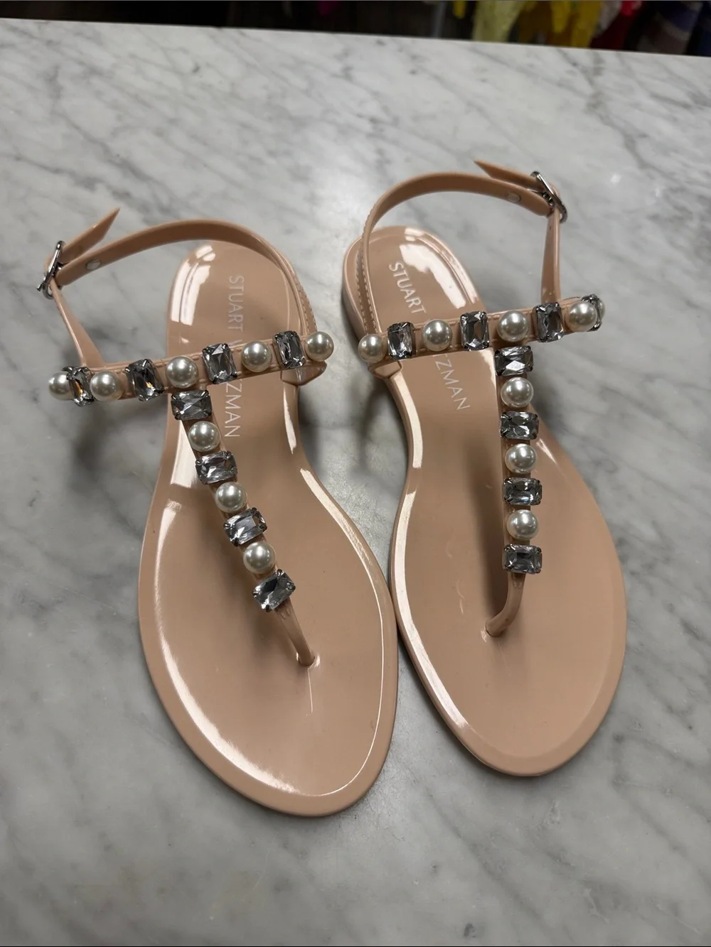 Stuart Weitzman NEW Goldie Jelly Crystal and Pearl Embellished T-Strap Sandal 9